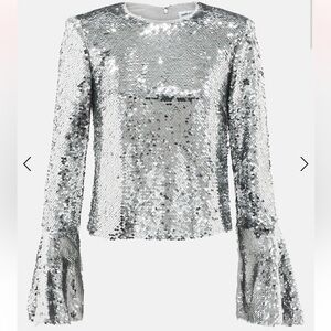 Self-Portrait Silver Sequin Bell-Sleeve Top - Size 6, Brand New With Tag
